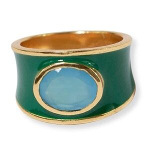 Ink & Alloy Statement Ring Hazel Oval Stone with Emerald Band. Size 7.